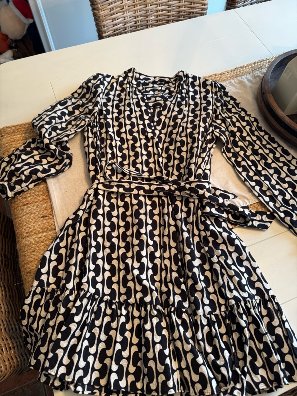 Zara Black and White Geometric Long Sleeve Wrap Dress